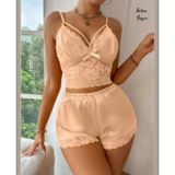 Intive Sugar Açık Sarı V Yaka Dantel Büstiyerli Saten Pijama Takımı/İç Çamaşır Takım