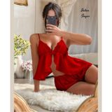 Intive Sugar Koyu Kırmızı Derin V Büstiyerli Şortlu Saten Takım/Pijama Takımı