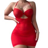 IntiveFantasy Kırmızı Tülden Kalp Aksesuarlı Zincir Kolyeli Boyundan Geçmeli Göğüs Dekolteli Gecelik