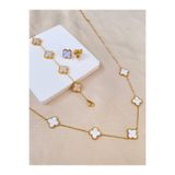 Inure Jewelry Matchless Beyaz Sedef Taşlı Yonca Model Kadın Çelik (KOLYE & BİLEKLİK & KÜPE) 3'lü Set