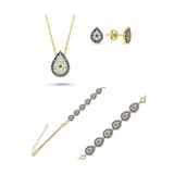 Inure Jewelry Sosyete Gözü Nazar Boncuğu 925 Ayar Gümüş Altın Kaplama Damla Kolye & Bileklik & Küpe 3'lü Set