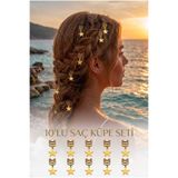 invictus design Kadın Gold Deniz Yıldız Model Sallantılı Saç Küpesi Charm Saç Tokası Saç Yüzük Örgü Aksesuar 10'lu Set