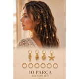 invictus design Kadın Gold Yıldız Deniz Kabuk İstiridye Denizatı Halka Model Saç Küpesi Charm Saç Tokası Saç Yüzük Figürlü Örgü Küpe Aksesuar 10'lu Set