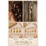 invictus design Kadın Gold Yıldız Deniz Kabuk İstiridye Denizatı İnci Halka Model Saç Küpesi Charm Saç Tokası Saç Yüzük Örgü Aksesuar Toplam 20 Parça 2'li Set