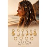 invictus design Kadın Gold Yıldız Deniz Kabuk İstiridye İncili Halka Model Saç Küpesi Charm Saç Tokası Saç Yüzük Figürlü Örgü Küpe Aksesuar 10'lu Set
