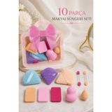 invictus design Kadın Karışık Renkli 10'lu Makyaj Süngeri Fondoten & Pudra & Göz Far 10 Adet Pembe Fiyonk Çantalı Set