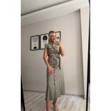İNVİSUS Slim Fit - Boydon Düğmeli Sıfır Kol Kemerli Uzun Keten Elbise