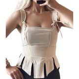 İp Bağcık Detaylı Keten Kumaş Cutout Korse Bluz, Bej, Kolsuz, Peplum Tasarım (s)