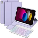 Ipad 10.nesil 10.9 Için Tablet Klavyeli Kılıf Bluetoot Işıklı Kalem Bölmeli Standlı Manyetik Klavye - Mor