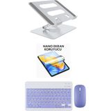 iPad 8.nesil 10.2 Uyumlu Stand Ekran Koruyucu Klavye Mouse Set - Mor