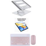 iPad 9.7 2017 5.nesil Uyumlu Stand Ekran Koruyucu Klavye Mouse Set - Pembe
