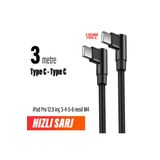 İpad Pro 12.9 İnç 3 - 4 - 5 - 6 Nesil Şarj Kablosu Uzun 3 Metre Type C To Type C Hızlı Şarj Kablo 3M