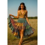 Ipek Patchwork Boho Fırfırlı Asimetrik Etek - Çok Renkli - Standart