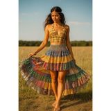 Ipek Patchwork Boho Fırfırlı Asimetrik Etek - Renkli - Standart