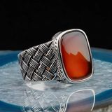 İpek Silver 925 Ayar Gümüş Bordo Akik Taşlı Örgü Model Erkek Yüzük