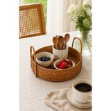 ipekbambuhome El Örgüsü Doğal Rattan Kulplu Yuvarlak Ekmek Sepeti 20 cm Hasır Sunum Sepeti