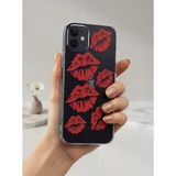 İphone 12 Kırmızı Dudak / Öpücük Desenli Şeffaf Telefon Kılıfı