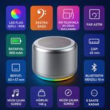 iPhone 13 Pro Max Uyumlu Bluetooth Hoparlör Ekstra Bass, LED Işıklı, Taşınabilir Mini Hoparlör - Gümüş