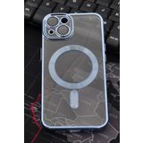 iPhone 13 Uyumlu MagSafe Özellikli Saks Mavi Renkli Kenarlı Lazerli Şeffaf Kılıf Lens Korumalı