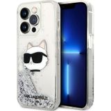 İphone 14 Pro Max Uyumlu Kılıf Karl Lagerfeld Sıvılı Simli Choupette Head Dizayn Kapak gumus