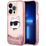 İphone 14 Pro Max Uyumlu Kılıf Karl Lagerfeld Sıvılı Simli Choupette Head Dizayn Kapak pembe