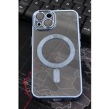 iPhone 14 Uyumlu MagSafe Özellikli Saks Mavi Renkli Kenarlı Lazerli Şeffaf Kılıf Lens Korumalı