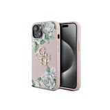 iPhone 15 İle Uyumlu Kılıf Guess Lisanslı Gül Baskılı Büyük Metal Logo Dizaynlı Kapak Pembe