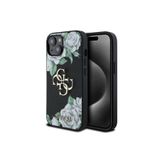 iPhone 15 İle Uyumlu Kılıf Guess Lisanslı Gül Baskılı Büyük Metal Logo Dizaynlı Kapak Siyah