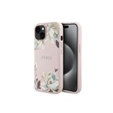 iPhone 15 İle Uyumlu kılıf Guess Lisanslı M-safe Özellikli Çiçek Tasarımlı Metal Yazı Logolu Kapak