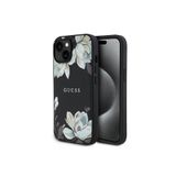 iPhone 15 İle Uyumlu Kılıf Guess Lisanslı M-safe Özellikli Taneli Çiçek Tasarımlı Metal Yazı Logolu Kapak Siyah