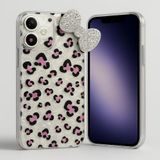 iPhone 15 ile Uyumlu Parlak Leopar Desenli Taşlı Fiyonk Telefon Kılıfı – Şok Emici, Çizilmez, Esnek Koruma Kapak, Şeffaf Kenarlı Tasarım White