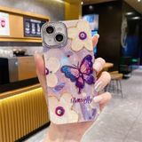 iPhone 15 Kılıf Renk Geçişli Taşlı Kamera Lens Korumalı Simli Mor Butterfly Desenli Darbe Emici Kapak - Çok Renkli