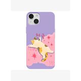 iPhone 15 Lila Cat Sleeping Kamera Korumalı Premium Lansman Renkli Silikon Kılıfı