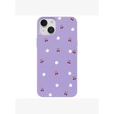 iPhone 15 Lila Lansman Renkli Silikon Kiraz ve Çiçek Desenli Kamera Korumalı Kılıf