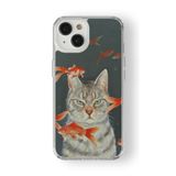 iPhone 15 Plus ile Uyumlu Kedi ve Balık Tasarım Baskılı Şeffaf Kılıf