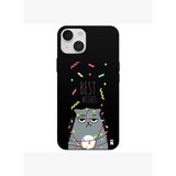 iPhone 15 Plus Siyah Lansman Renkli Silikon Best Wishes Kedi Tasarımlı Kamera Korumalı Telefon Kılıf