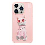 iPhone 15 Pro Cat Serisi Kedi Nakış işlemeli Zincir ve Gözlük Detaylı Kılıf Pembe