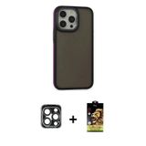 iPhone 15 Pro Max Kılıf Eksen Işık - Siyah Buffer Cam Ekran Koruyucu + Lacivert PVD Metal Kamer