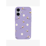 iPhone 16 Lila Lansman Renkli Silikon Bees and Flowers Tasarımlı Kılıf