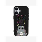 iPhone 16 Plus Siyah Lansman Renkli Silikon Best Wishes Kedi Tasarımlı Kılıf