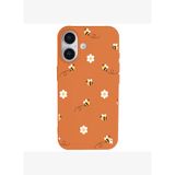 iPhone 16 Plus Turuncu Lansman Renkli Silikon Bees and Flowers Tasarımlı Kılıf