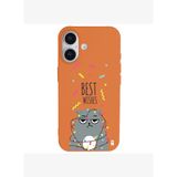 iPhone 16 Plus Turuncu Lansman Renkli Silikon Best Wishes Kedi Tasarımlı Kılıf
