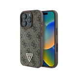 iPhone 16 Pro İle Uyumlu Kılıf Guess Lisanslı PU Deri Taşlı Üçgen Logo 4G Desenli Strass Kahverengi