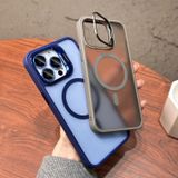 IPhone 16 Pro Max ile Uyumlu Silikon Kılıf, MagSafe Destekli, Standlı, Kamera Lens Korumalı, Metal Tuşlu Kapak (Mavi)