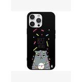iPhone 16 Pro Max Siyah Lansman Renkli Silikon Best Wishes Kedi Tasarımlı Kılıf