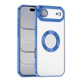 iPhone 17 Air Kılıf Logo Gösteren Parlak Kenarlı Kamera Lens Korumalı Şeffaf Omega Silikon Kapak Mavi