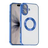iPhone 17 Kılıf Logo Gösteren Parlak Kenarlı Kamera Lens Korumalı Şeffaf Omega Silikon Kapak Mavi