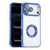 iPhone 17 Pro Max Kılıf Logo Gösteren Parlak Kenarlı Kamera Lens Korumalı Şeffaf Omega Silikon Kapak Mavi