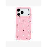 iPhone 17 Pro Pembe Lansman Renkli Silikon Kiraz ve Çiçek Desenli Kamera Korumalı Kılıf