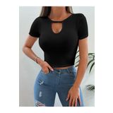İpli Bisiklet Yaka Siyah Renk Fitilli Kısa Kollu Slim Fit Crop Top Bluz